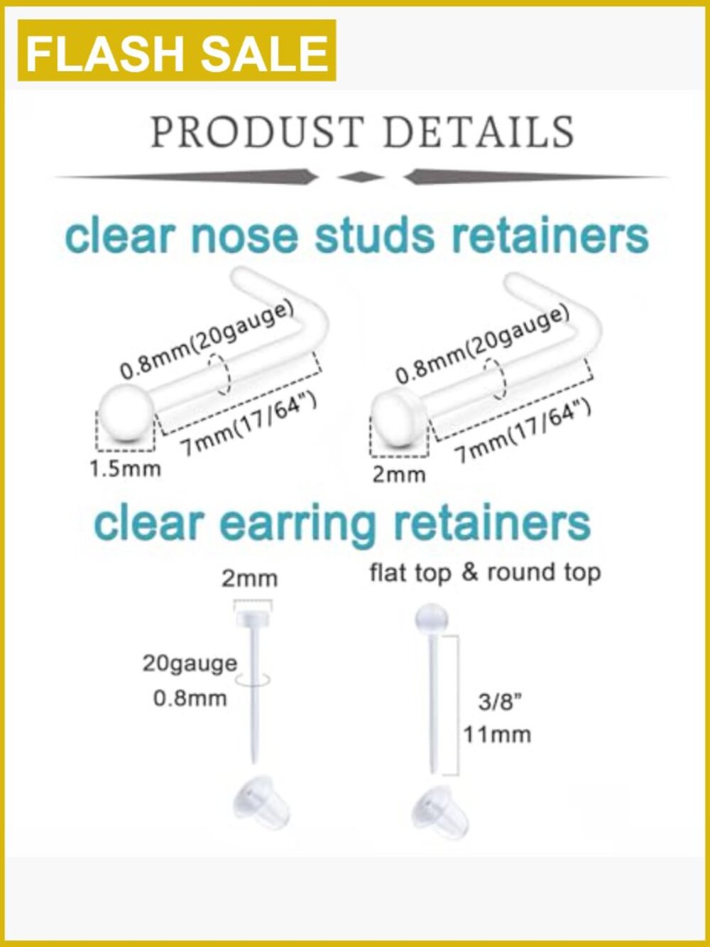 Clear Nose Studs & Earrings for Work, Surgery, Sports, Retainer Set - Picture 2 of 7